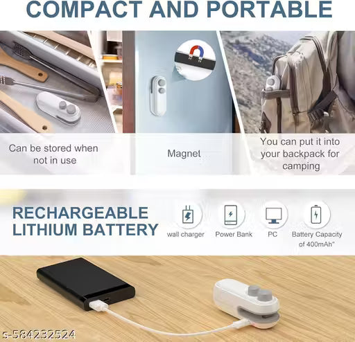 Portable Mini Bag Sealer Machine – USB Rechargeable 2-in-1 Heat Sealer & Cutter for – Food Storage Sealing Tool for Kitchen, Travel & Home – Easy to Use, Compact Design